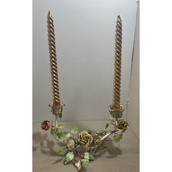 Italian toleware 2 Metal candleholder Vintage Hollywood Regency 1960's